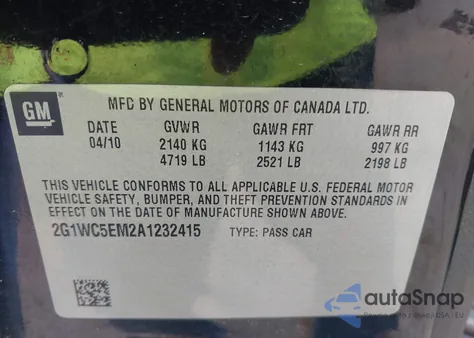 2010 Chevrolet Impala Ltz from USA, damaged, VIN 2G1WC5EM2A1232415